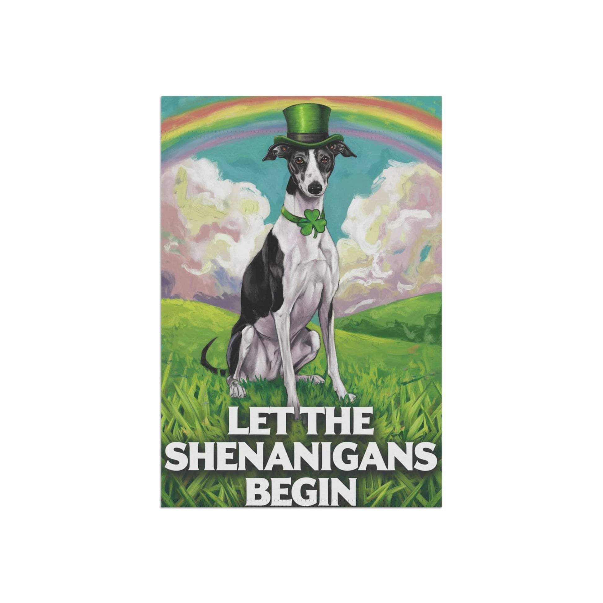 Printify Home Decor Lucky St. Patrick's Day: Greyhound, Leprechaun Hat, Rainbow Whimsical Dog Garden Flag