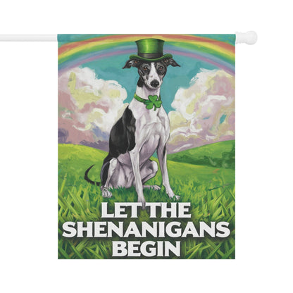 Printify Home Decor 24.5'' × 32'' Lucky St. Patrick's Day: Greyhound, Leprechaun Hat, Rainbow Whimsical Dog Garden Flag