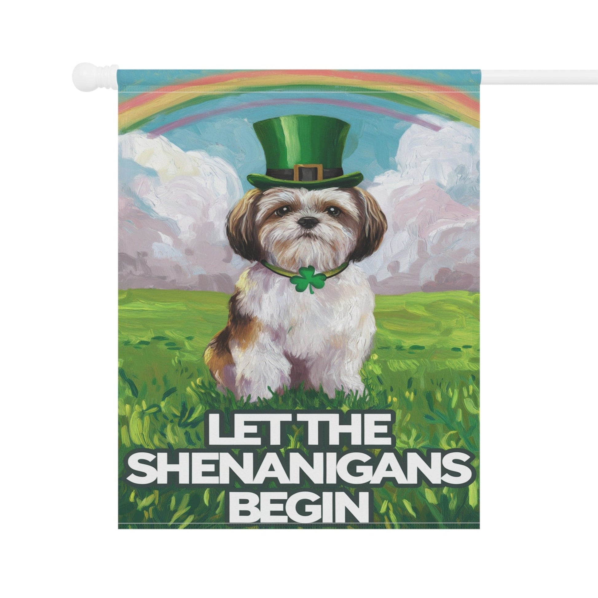 Printify Home Decor Lucky St. Patrick's Day Shih Tzu, Rainbow Leprechaun Dog, Whimsical Pet Garden Flag