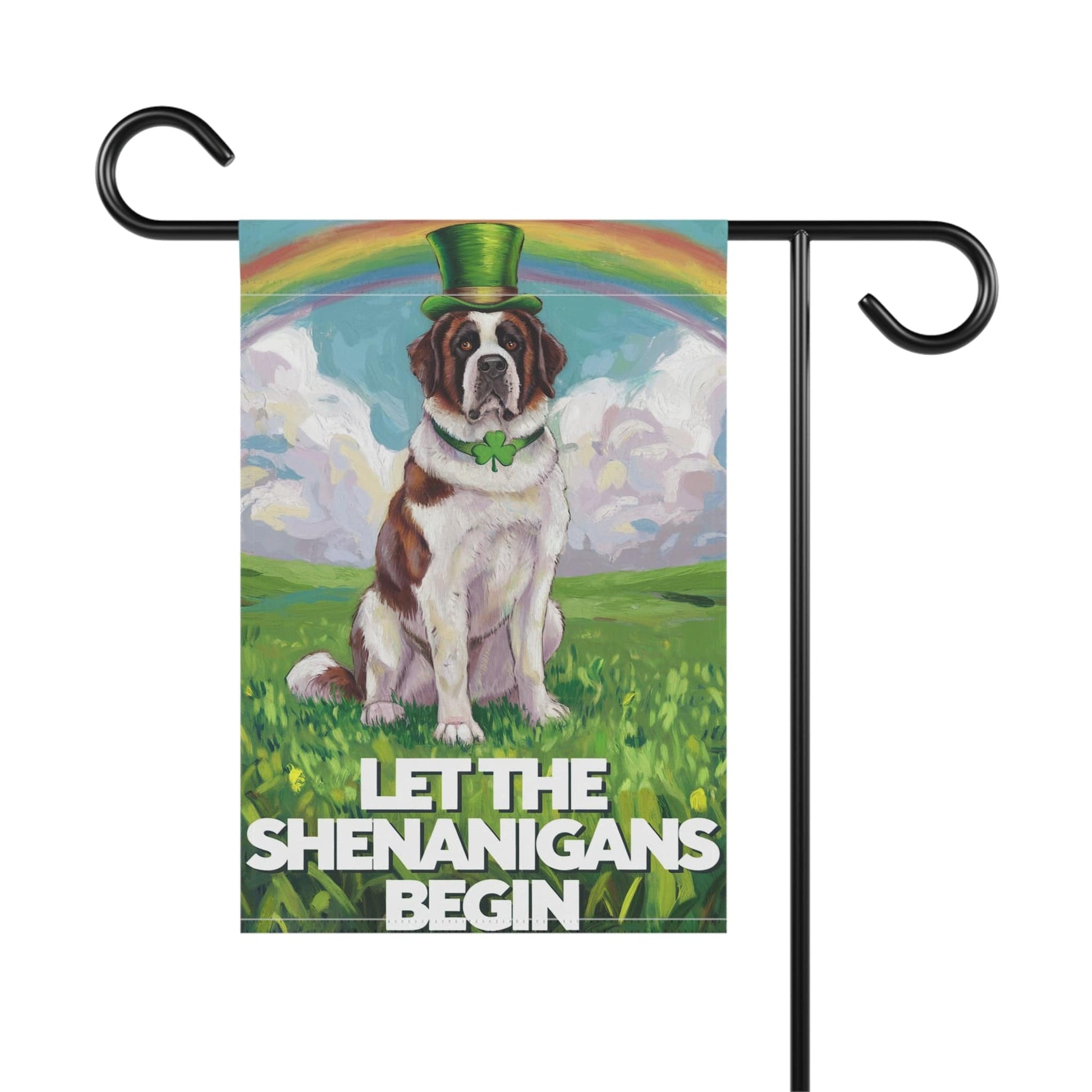Printify Home Decor Lucky St. Patrick's Day St Bernard Garden Flag, Rainbow Leprechaun Dog, Pet Outside