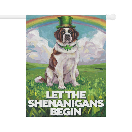 Printify Home Decor 24.5'' × 32'' Lucky St. Patrick's Day St Bernard Garden Flag, Rainbow Leprechaun Dog, Pet Outside