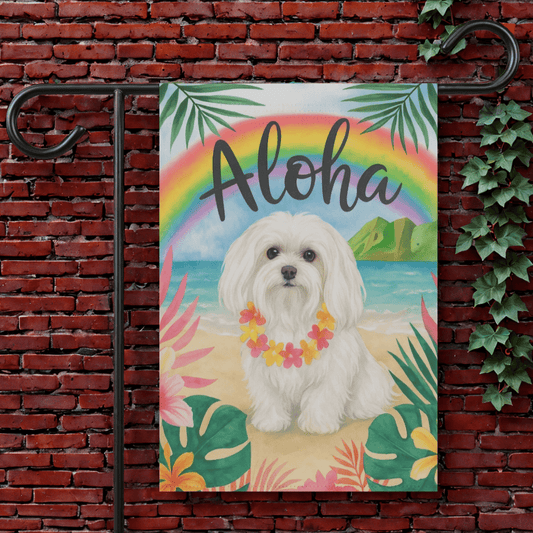 Printify Garden Flag 12'' × 18'' Maltese Dog Aloha Luau Garden Flag