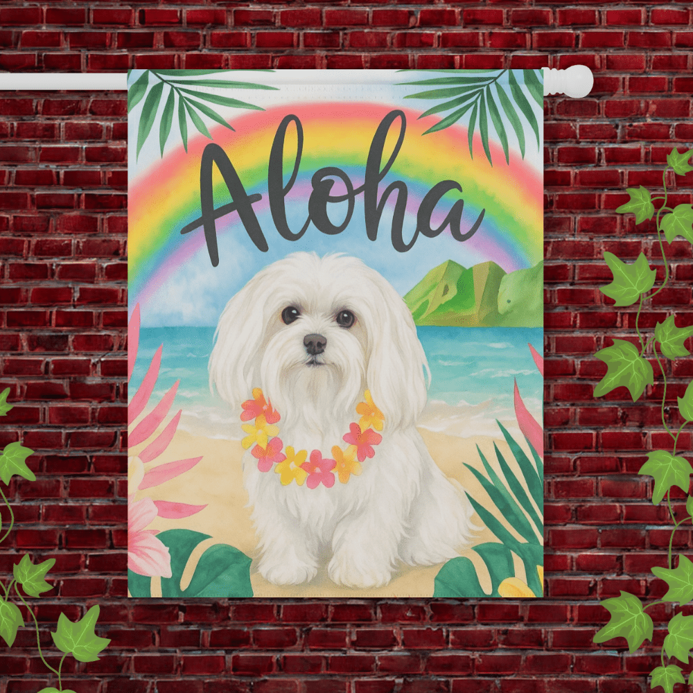 Printify Garden Flag 24.5'' × 32'' Maltese Dog Aloha Luau Garden Flag