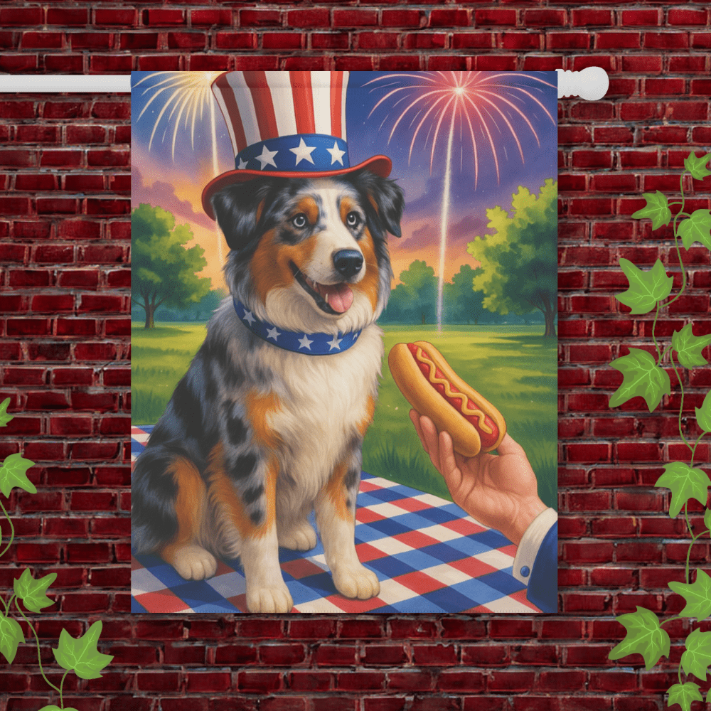 Printify Garden Flag 24.5'' × 32'' Merle Australian Shepherd 4th of July Garden Flag