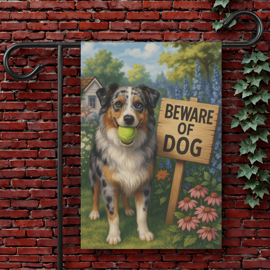 Printify Garden Flag 12'' × 18'' Merle Australian Shepherd Beware Garden Flag