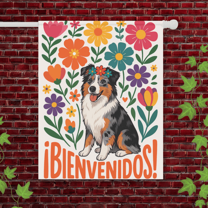 Printify Garden Flag 24.5'' × 32'' Merle Australian Shepherd Bienvenidos Garden Flag