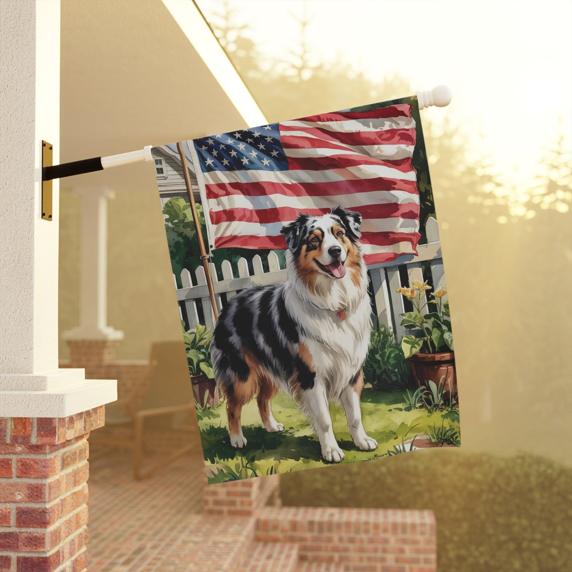 Printify Home Decor Merle Australian Shepherd Garden Flag, 4th of July, US Flag Yard Outside Decor, Patriotic Housewarming