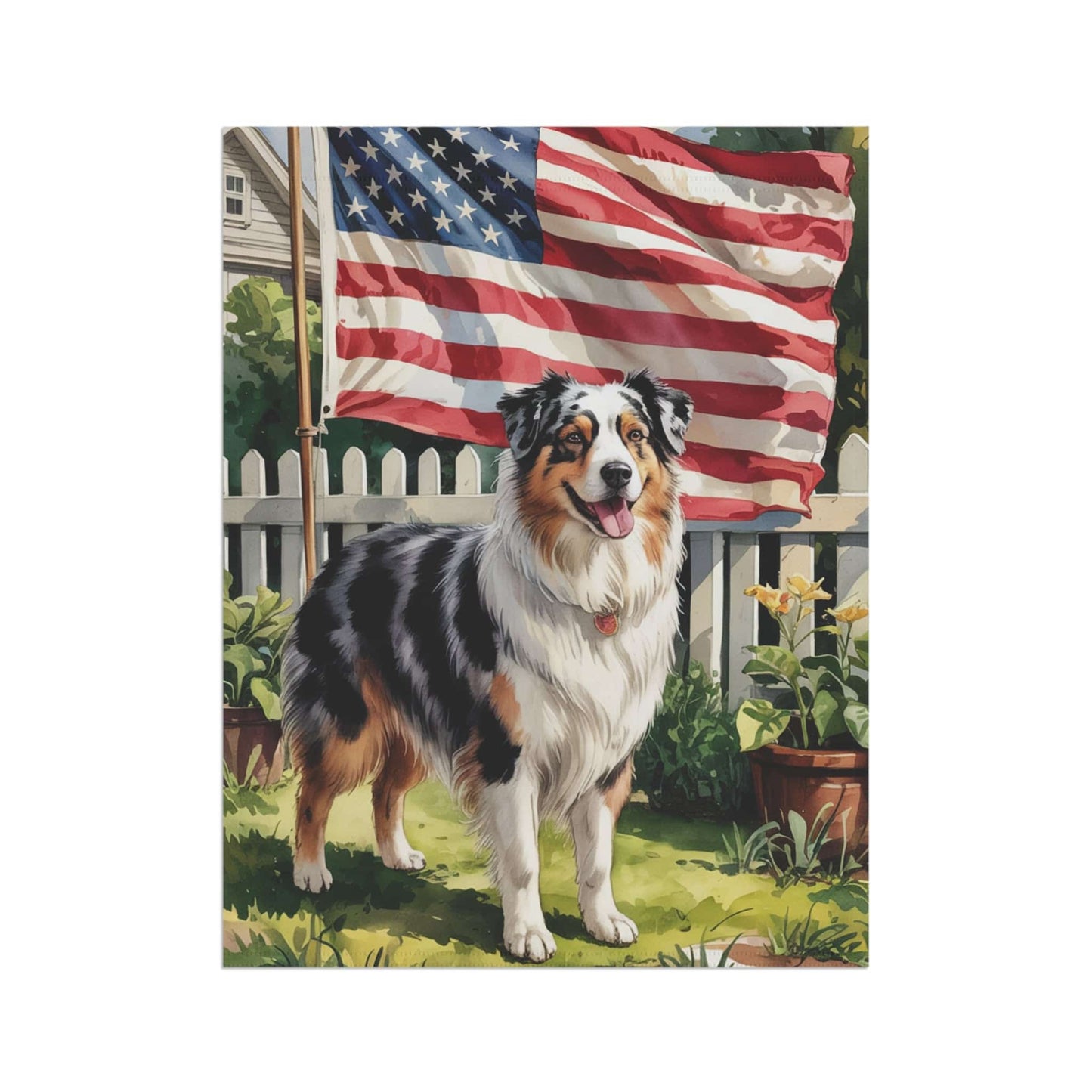 Printify Home Decor Merle Australian Shepherd Garden Flag, 4th of July, US Flag Yard Outside Decor, Patriotic Housewarming
