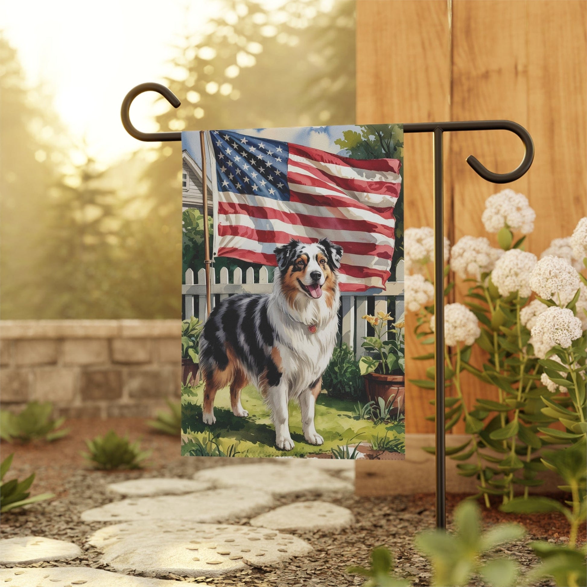 Printify Home Decor Merle Australian Shepherd Garden Flag, 4th of July, US Flag Yard Outside Decor, Patriotic Housewarming