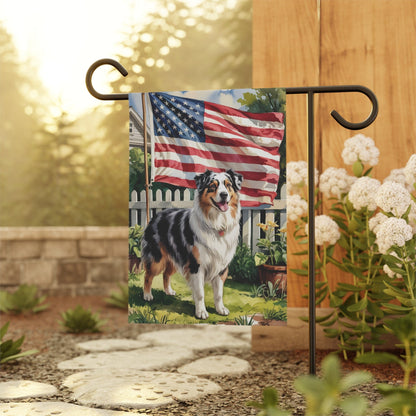 Printify Home Decor Merle Australian Shepherd Garden Flag, 4th of July, US Flag Yard Outside Decor, Patriotic Housewarming