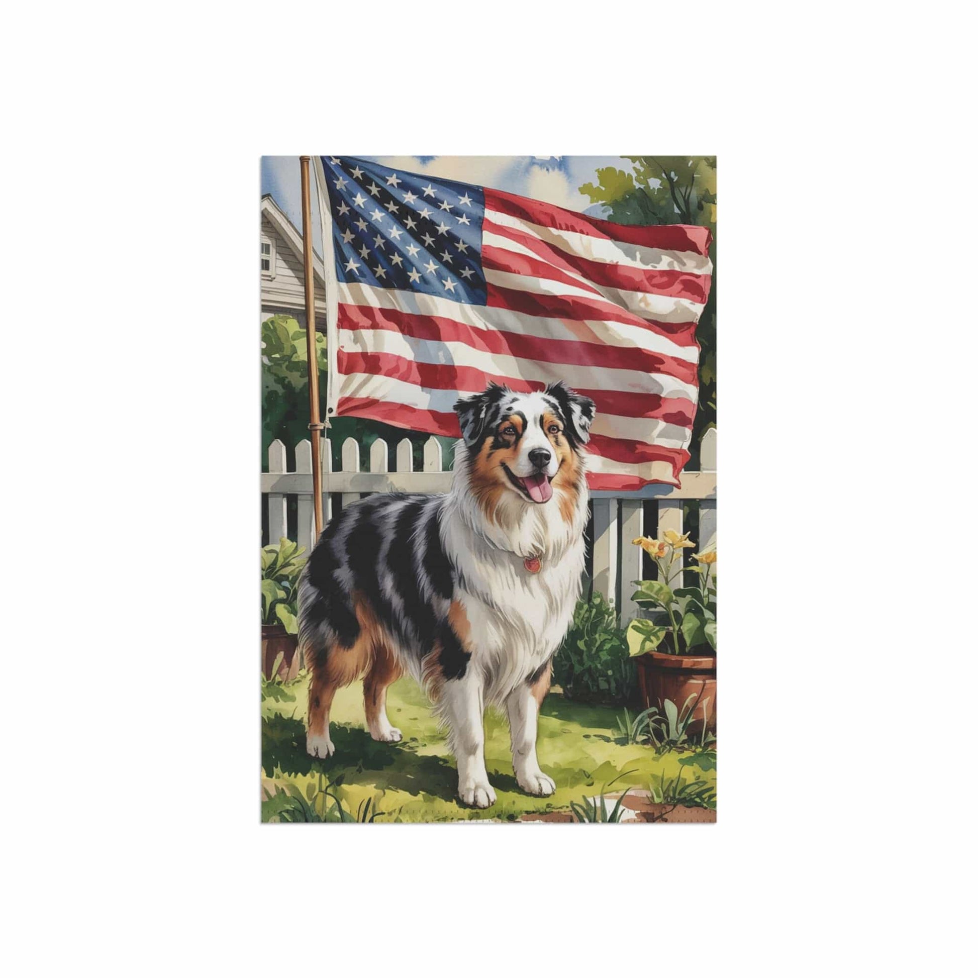 Printify Home Decor Merle Australian Shepherd Garden Flag, 4th of July, US Flag Yard Outside Decor, Patriotic Housewarming