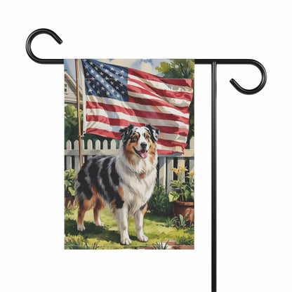 Printify Home Decor Merle Australian Shepherd Garden Flag, 4th of July, US Flag Yard Outside Decor, Patriotic Housewarming