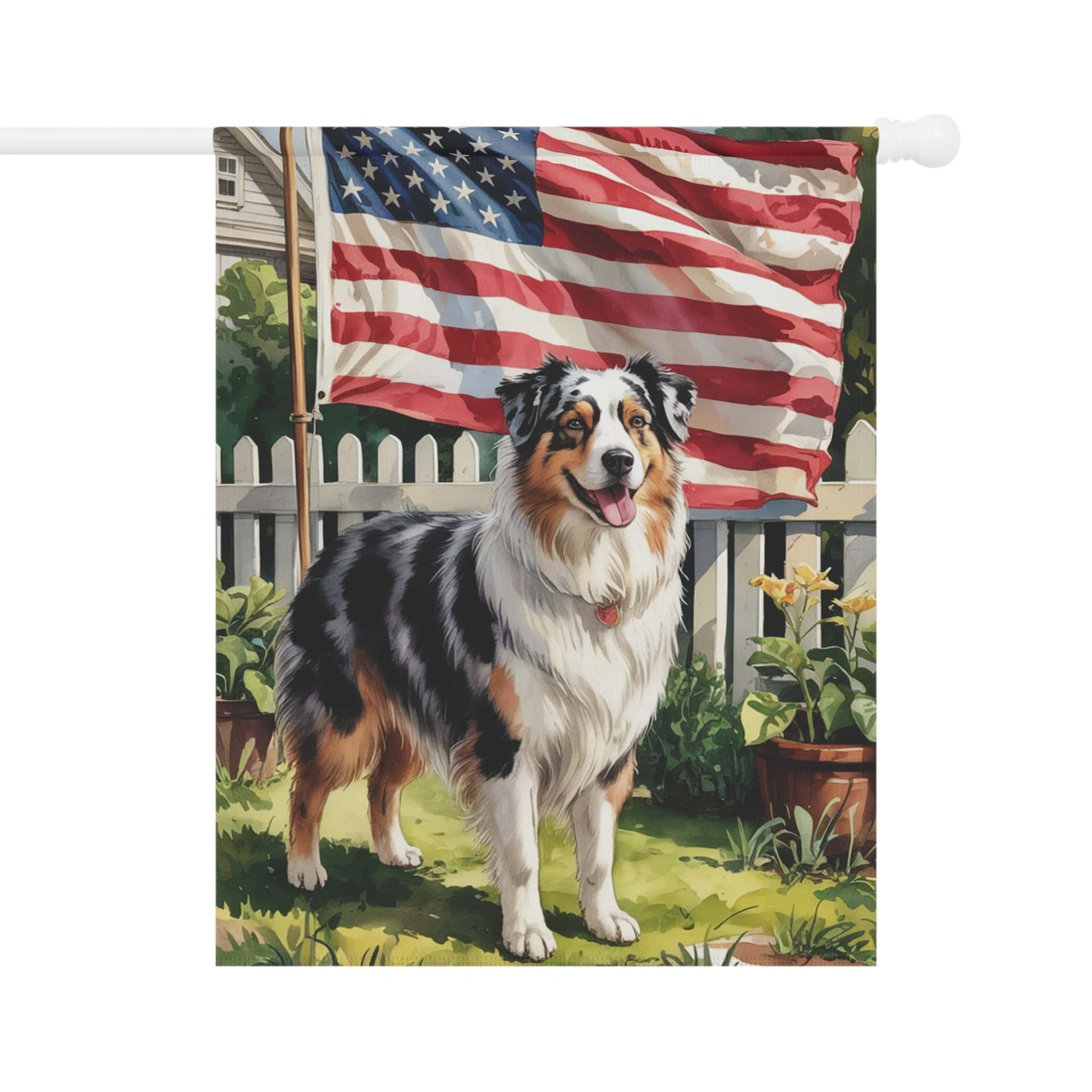 Printify Home Decor 24.5'' × 32'' Merle Australian Shepherd Garden Flag, 4th of July, US Flag Yard Outside Decor, Patriotic Housewarming