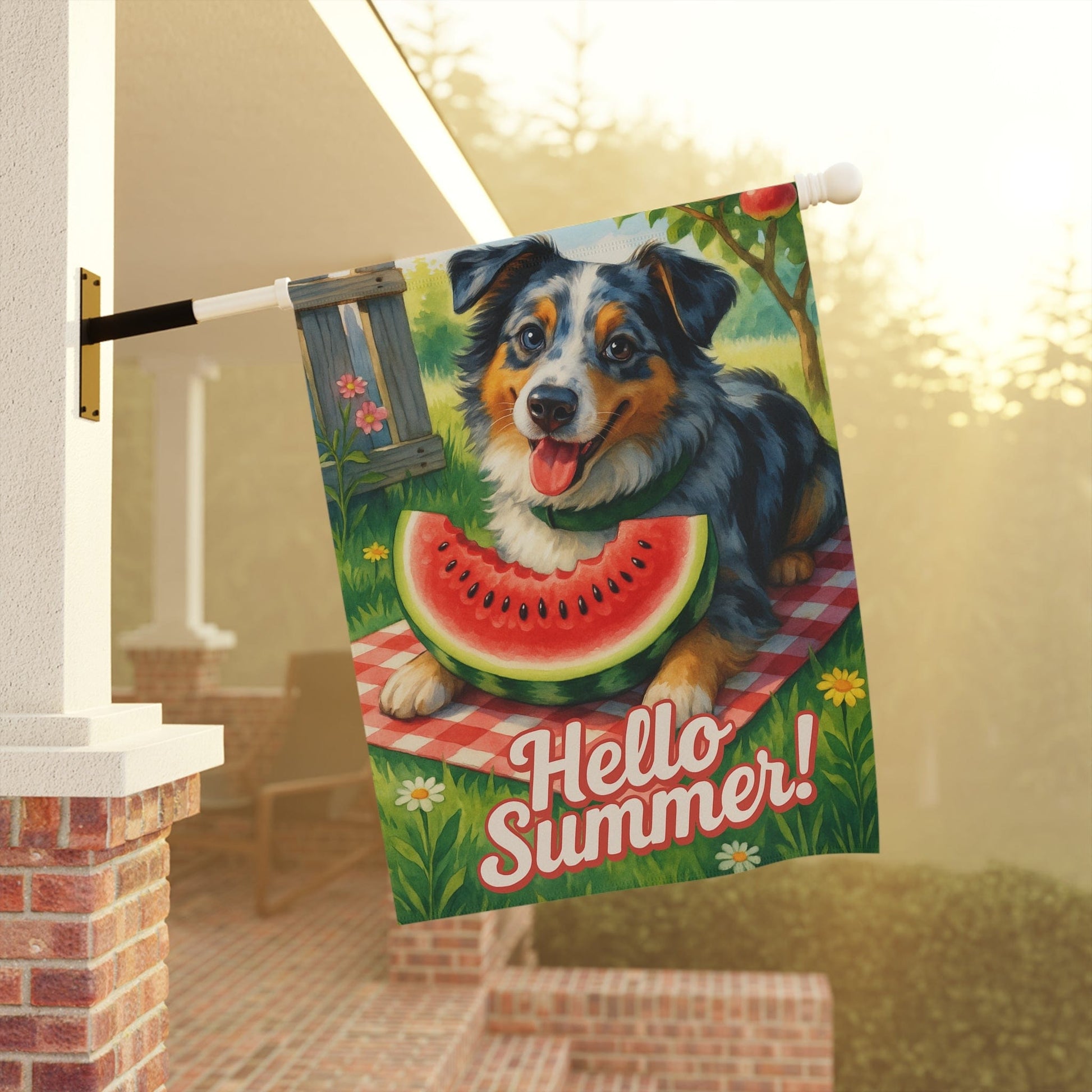 Printify Home Decor Merle Australian Shepherd Garden Flag, Watermelon Hello Summer Yard Sign, Picnic Housewarming Decor