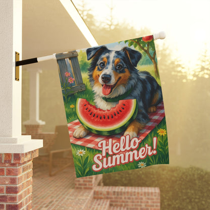 Printify Home Decor Merle Australian Shepherd Garden Flag, Watermelon Hello Summer Yard Sign, Picnic Housewarming Decor