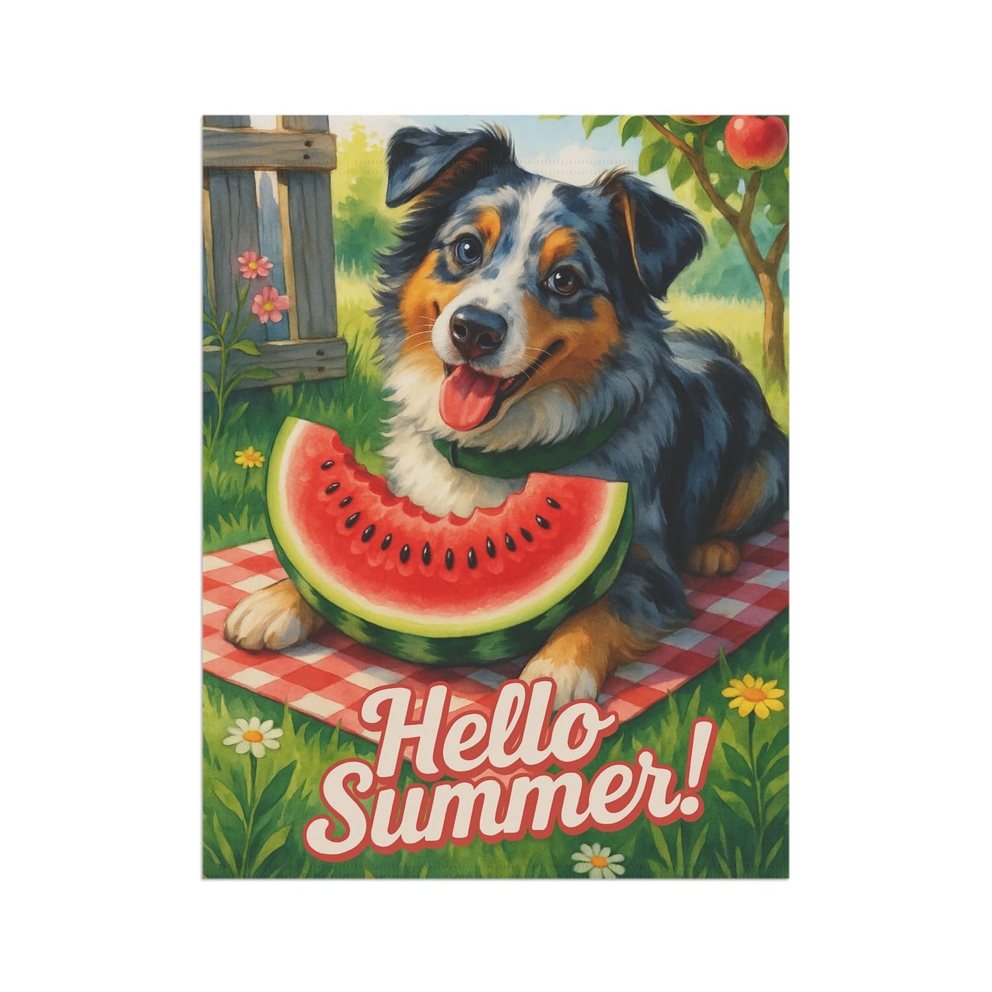 Printify Home Decor Merle Australian Shepherd Garden Flag, Watermelon Hello Summer Yard Sign, Picnic Housewarming Decor