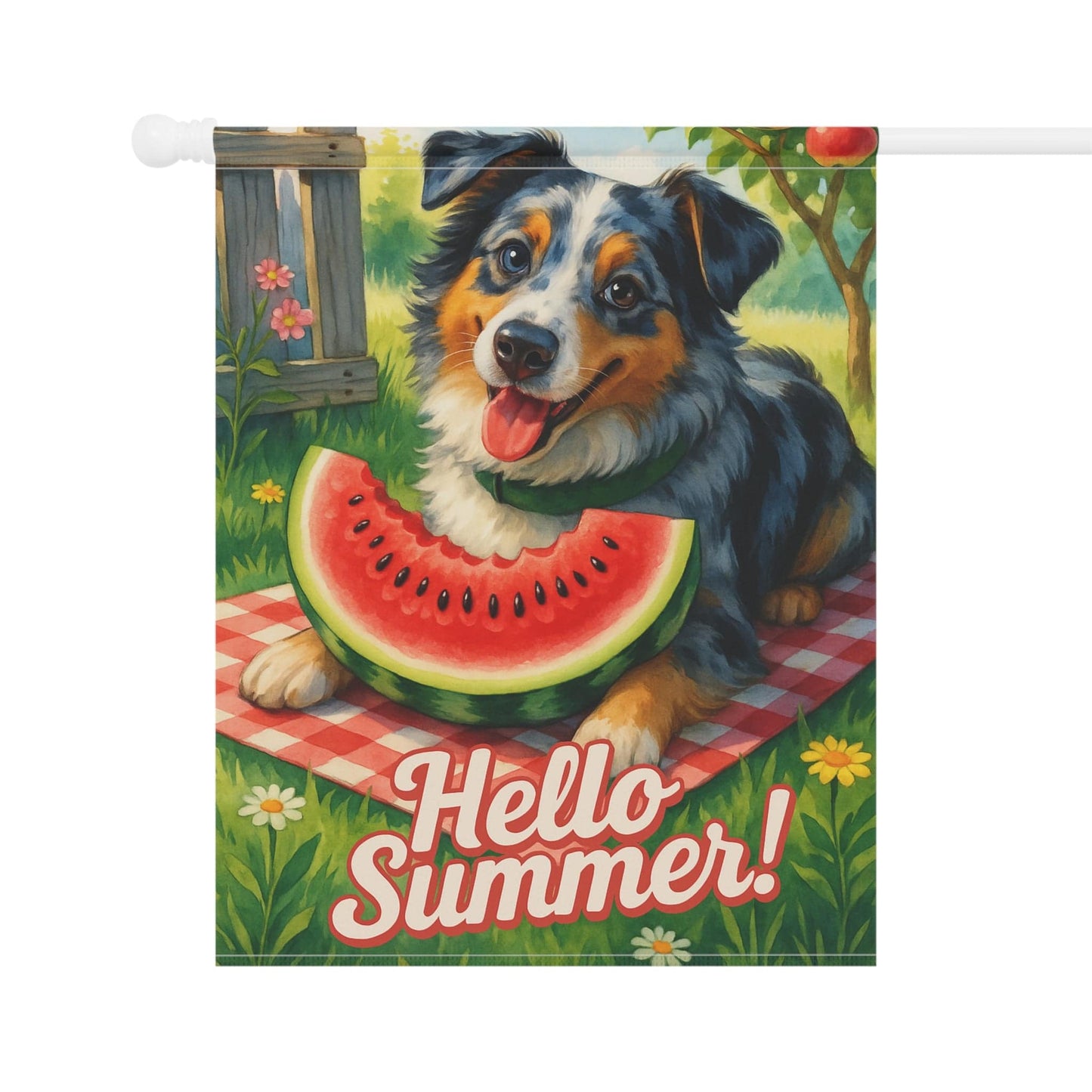 Printify Home Decor Merle Australian Shepherd Garden Flag, Watermelon Hello Summer Yard Sign, Picnic Housewarming Decor