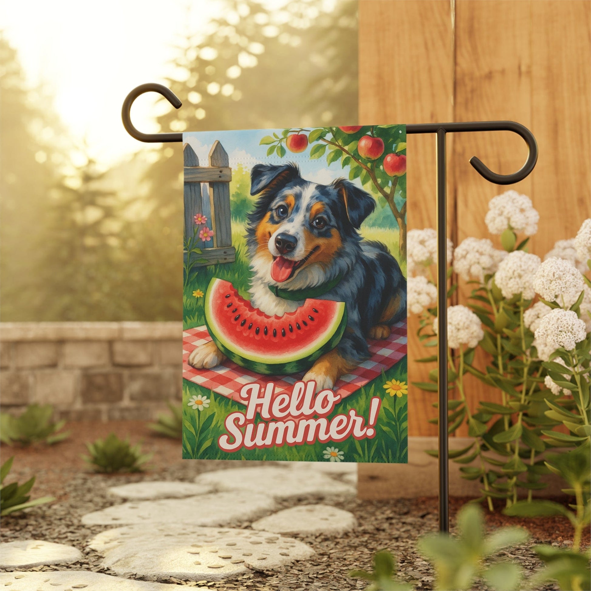 Printify Home Decor Merle Australian Shepherd Garden Flag, Watermelon Hello Summer Yard Sign, Picnic Housewarming Decor