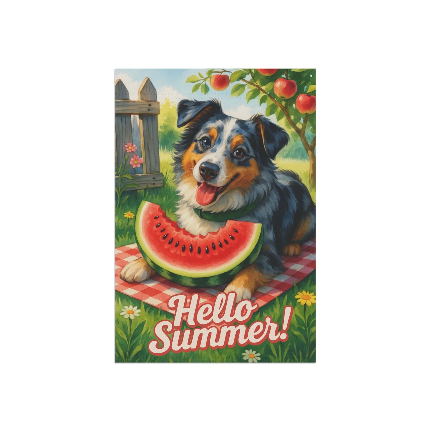 Printify Home Decor Merle Australian Shepherd Garden Flag, Watermelon Hello Summer Yard Sign, Picnic Housewarming Decor
