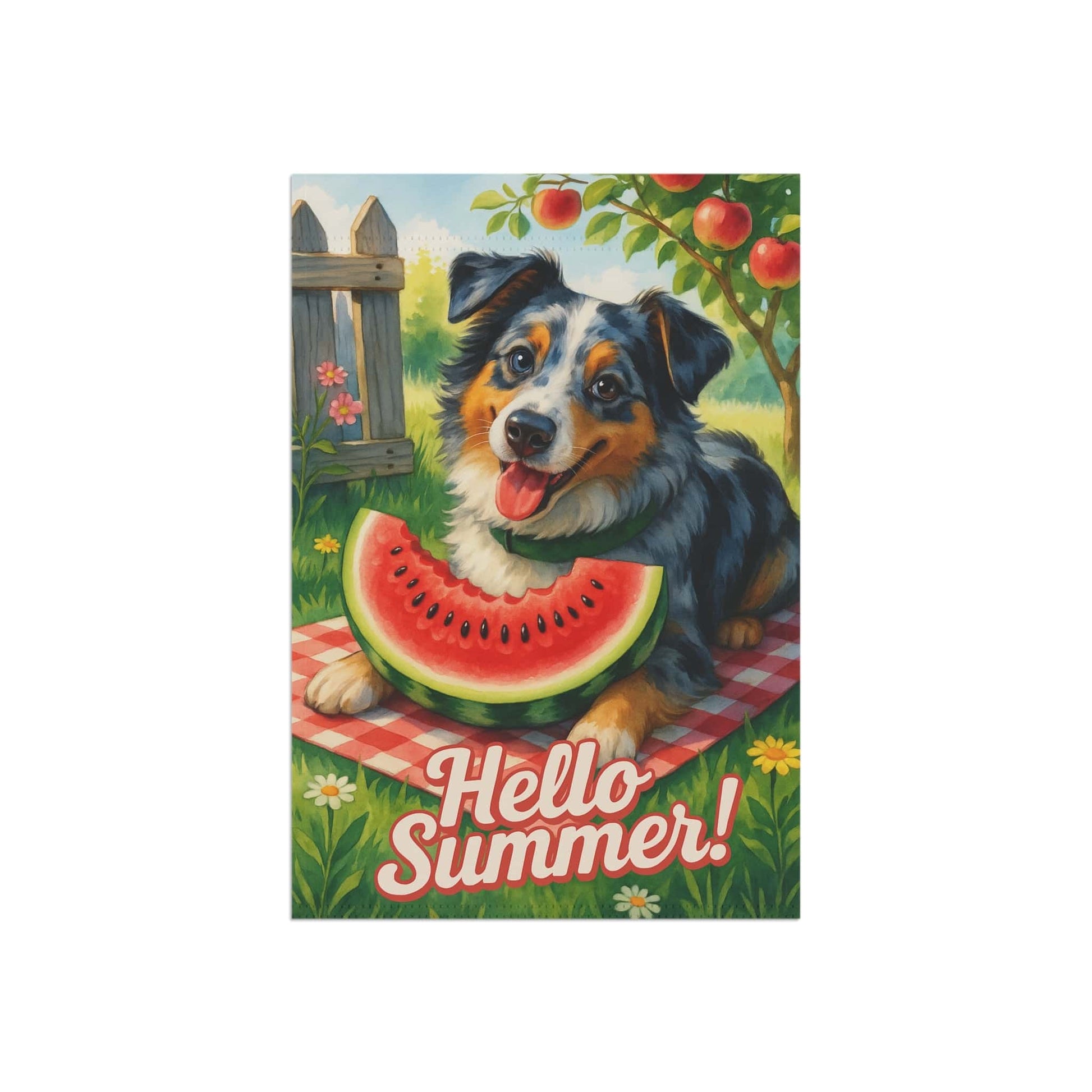 Printify Home Decor Merle Australian Shepherd Garden Flag, Watermelon Hello Summer Yard Sign, Picnic Housewarming Decor