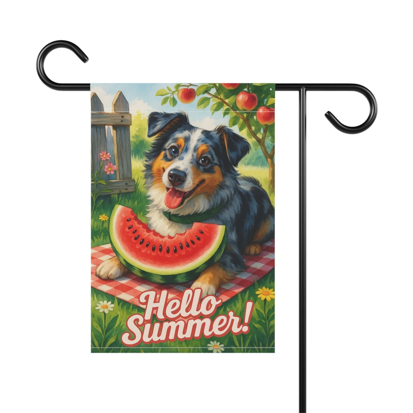 Printify Home Decor Merle Australian Shepherd Garden Flag, Watermelon Hello Summer Yard Sign, Picnic Housewarming Decor