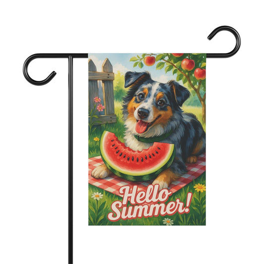 Printify Home Decor 12'' × 18'' Merle Australian Shepherd Garden Flag, Watermelon Hello Summer Yard Sign, Picnic Housewarming Decor