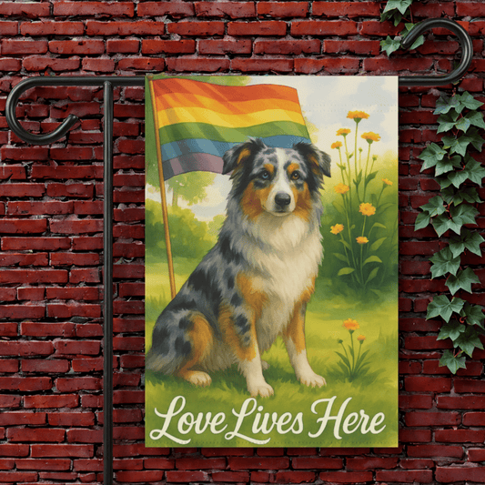 Printify Garden Flag 12'' × 18'' Merle Australian Shepherd LGBTQ+ Pride Garden Flag