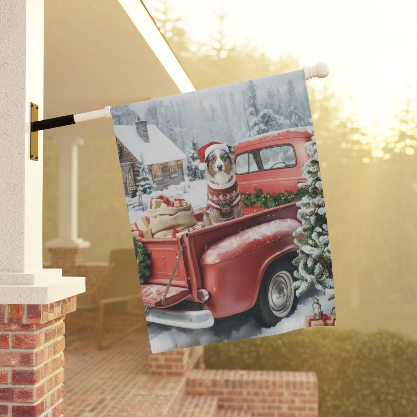 Merle Australian Shepherd Red Truck Christmas Garden Flag