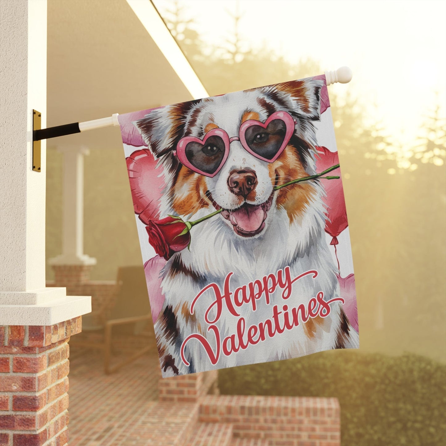 Printify Home Decor Merle Australian Shepherd Valentines Day Decorative Garden Flag, Dog Lover Yard Lawn Outside Decor