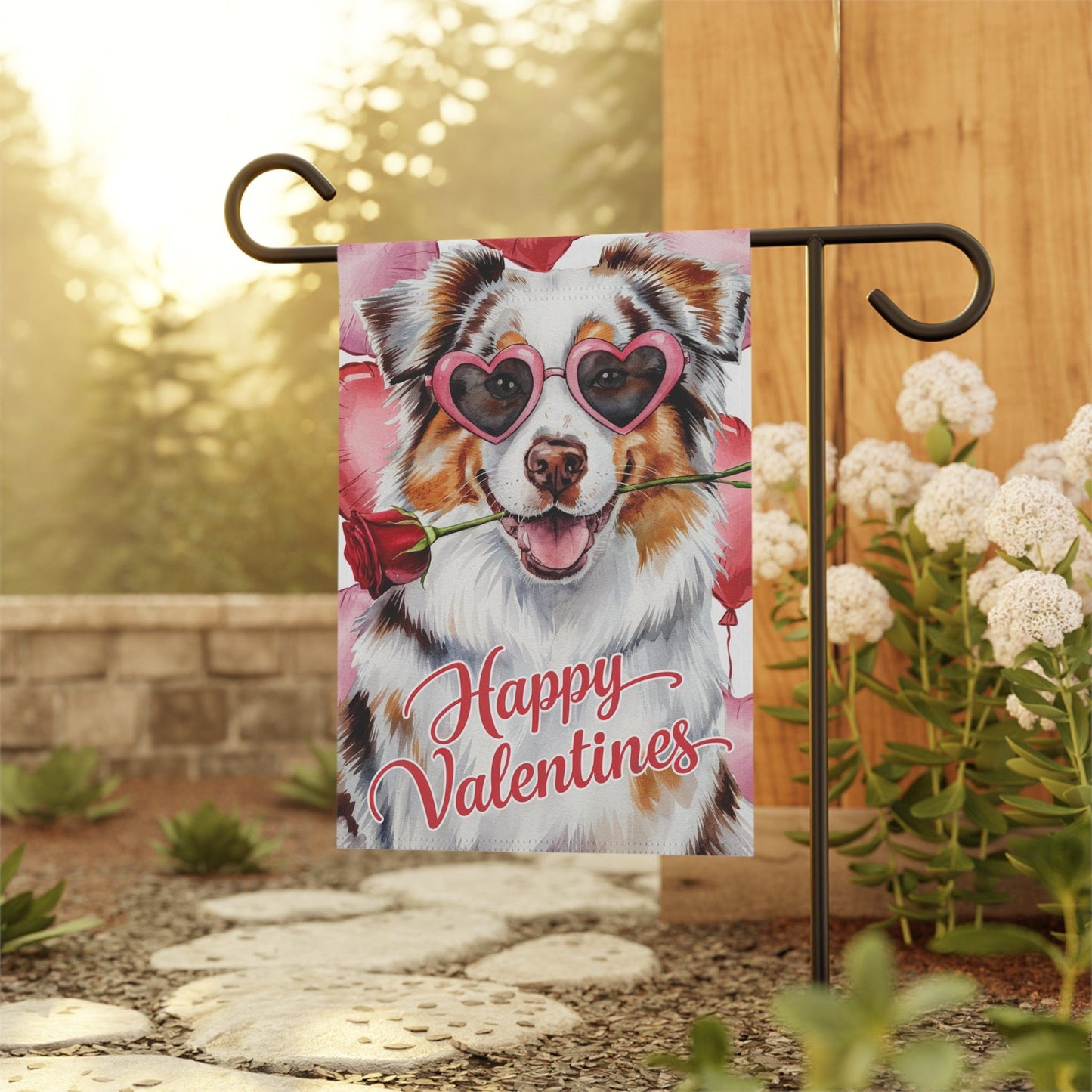 Printify Home Decor Merle Australian Shepherd Valentines Day Decorative Garden Flag, Dog Lover Yard Lawn Outside Decor