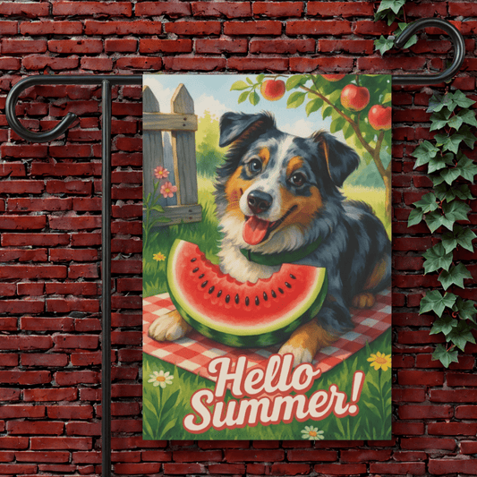 Printify Garden Flag 12'' × 18'' Merle Australian Shepherd Watermelon Garden Flag