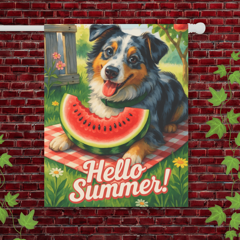 Printify Garden Flag 24.5'' × 32'' Merle Australian Shepherd Watermelon Garden Flag