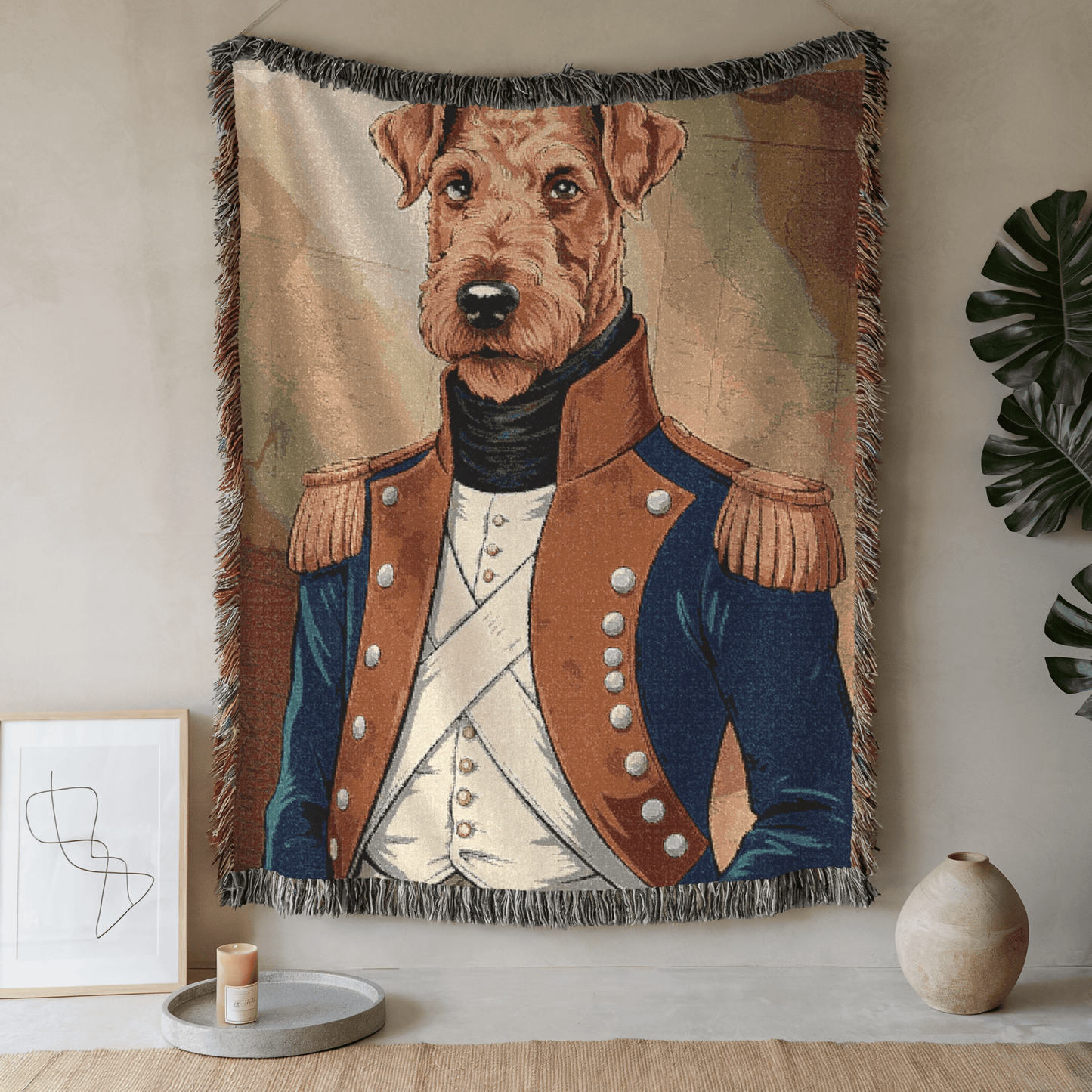 Printify Home Decor Military Portrait Airedale Terrier Dog, Pet History Throw Housewarming, Fun Home Accent