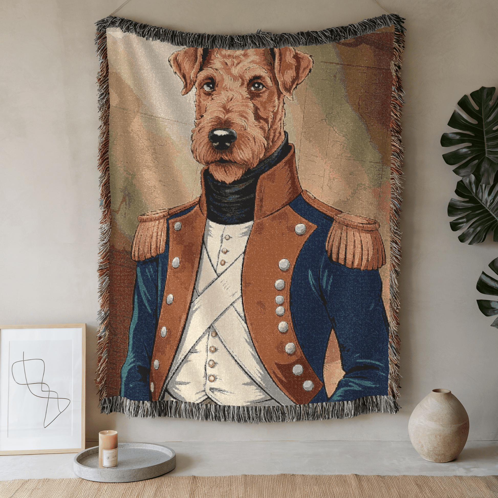 Printify Home Decor Military Portrait Airedale Terrier Dog, Pet History Throw Housewarming, Fun Home Accent