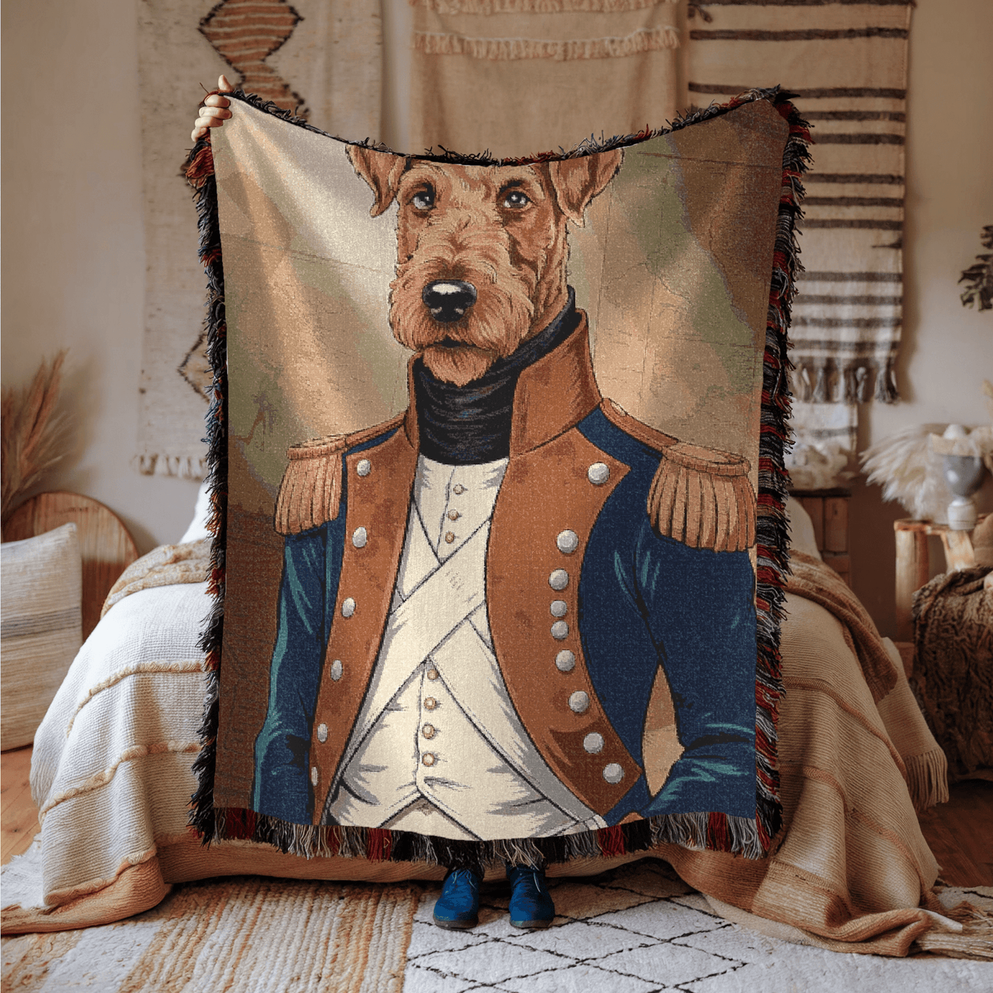 Printify Home Decor Military Portrait Airedale Terrier Dog, Pet History Throw Housewarming, Fun Home Accent