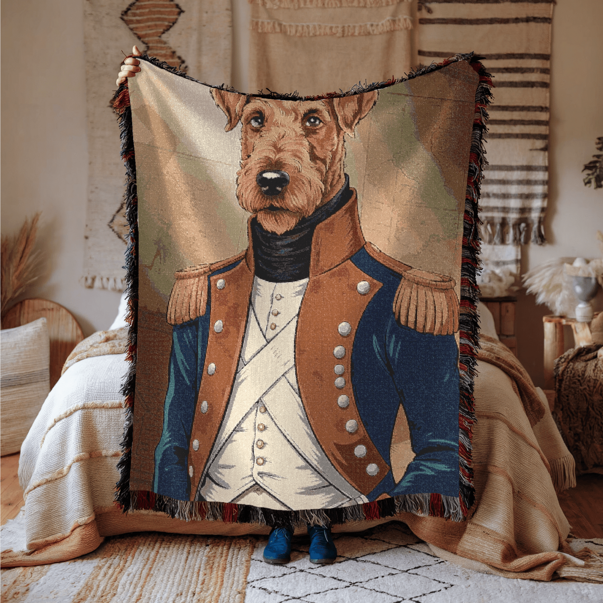 Printify Home Decor Military Portrait Airedale Terrier Dog, Pet History Throw Housewarming, Fun Home Accent