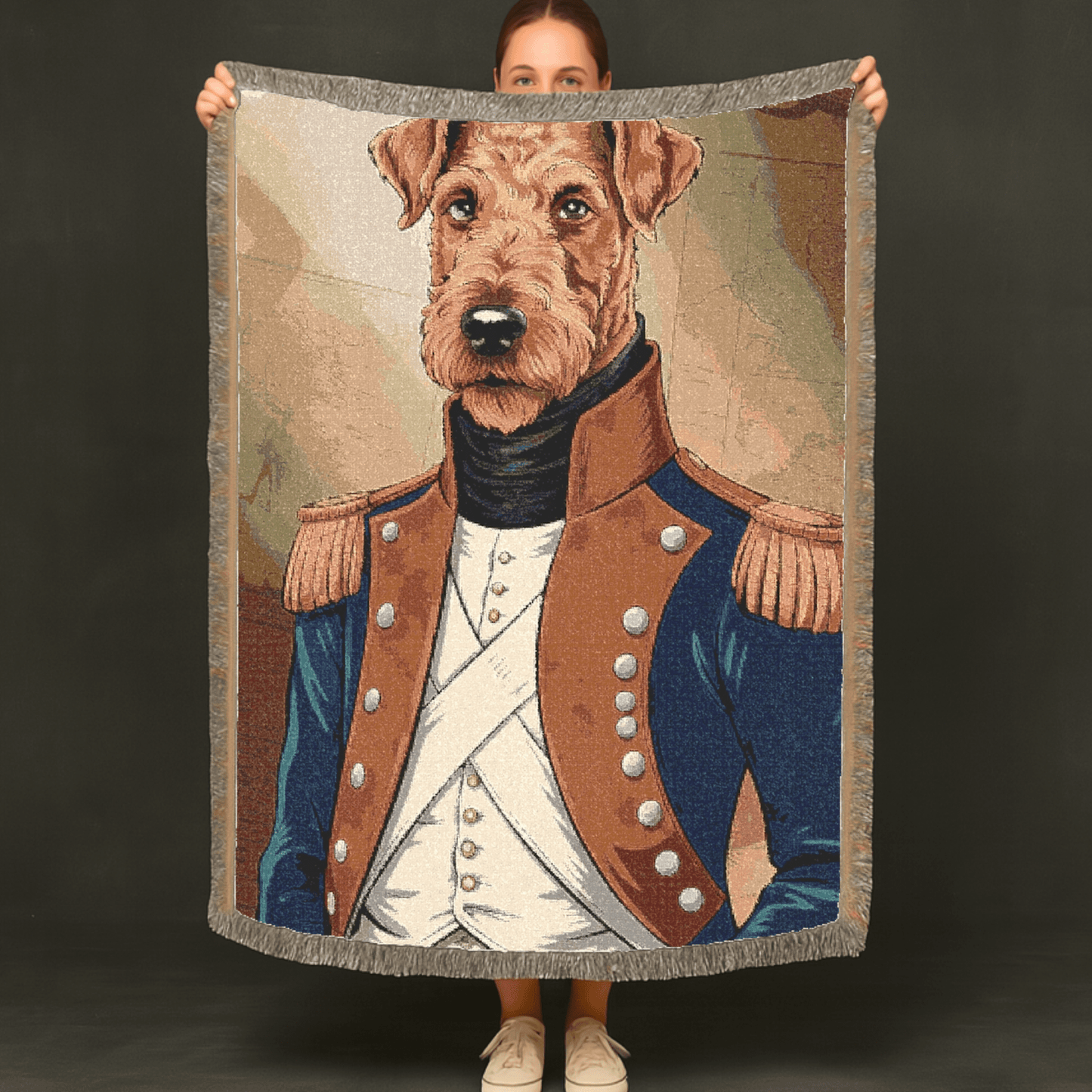 Printify Home Decor Military Portrait Airedale Terrier Dog, Pet History Throw Housewarming, Fun Home Accent