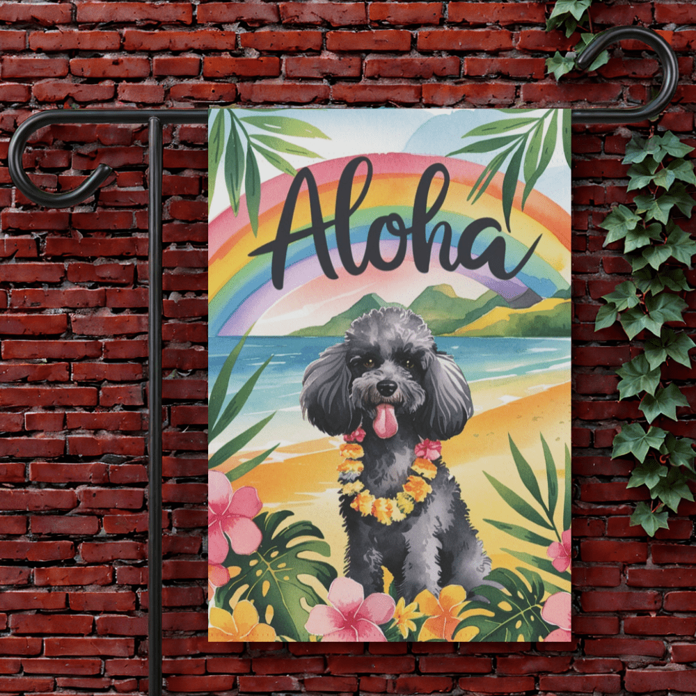 Printify Garden Flag 12'' × 18'' Miniature Black Poodle Aloha Garden Flag