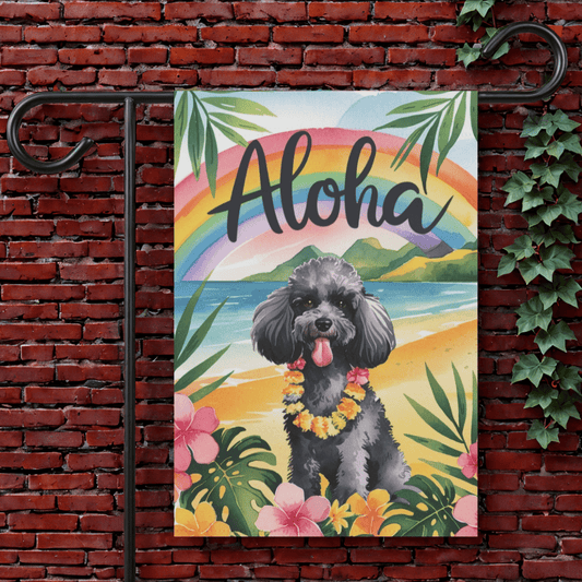 Printify Garden Flag 12'' × 18'' Miniature Black Poodle Aloha Garden Flag