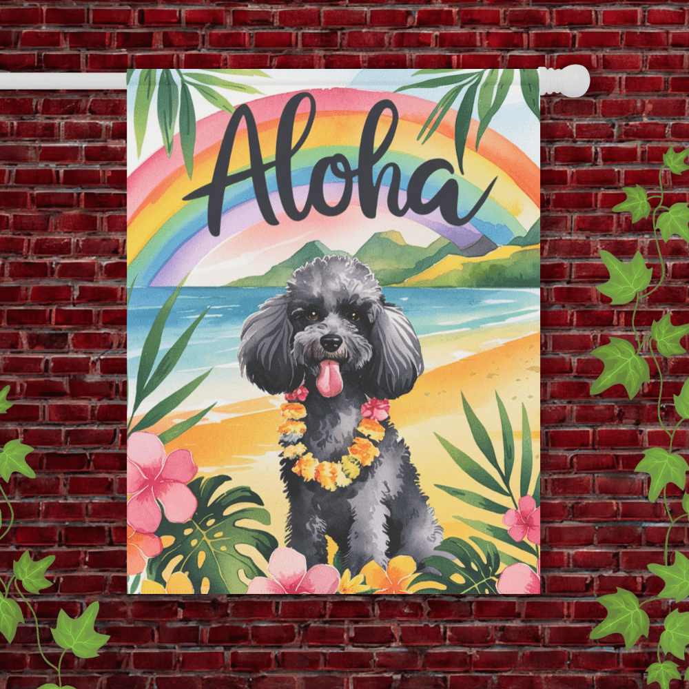 Printify Garden Flag 24.5'' × 32'' Miniature Black Poodle Aloha Garden Flag
