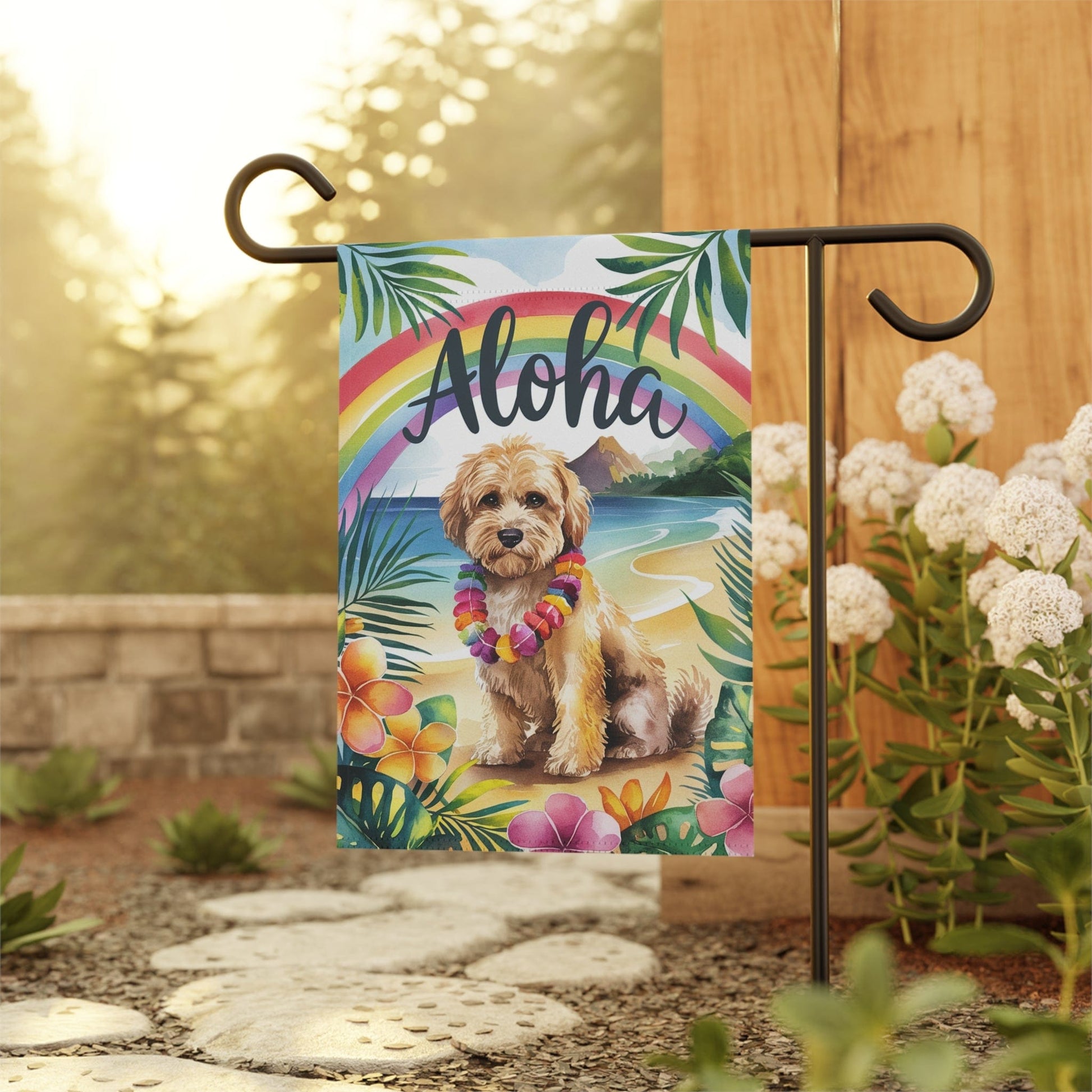 Printify Garden Flag Miniature Doodle Aloha Garden Flag
