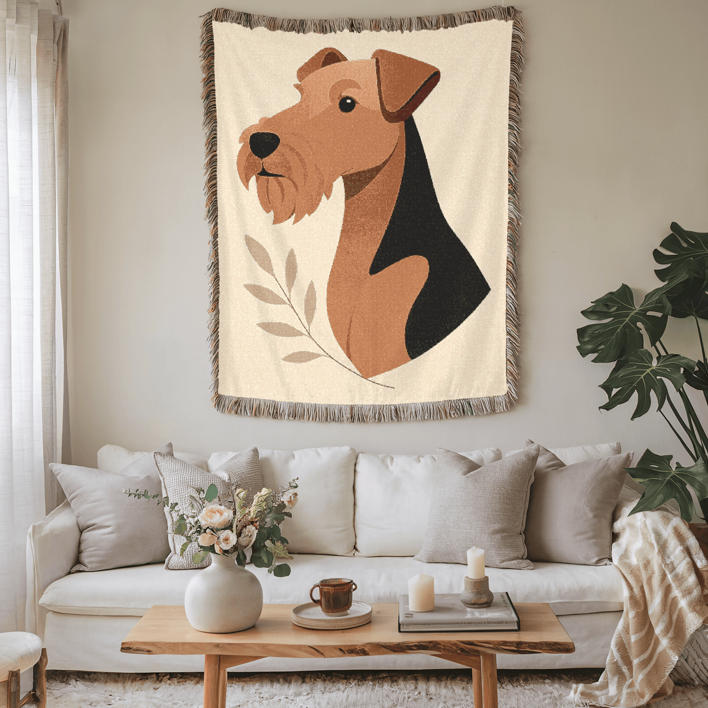 Printify Home Decor Modern Woven Blanket, Airedale Terrier Dog Boho Tapestry, Tan Decor