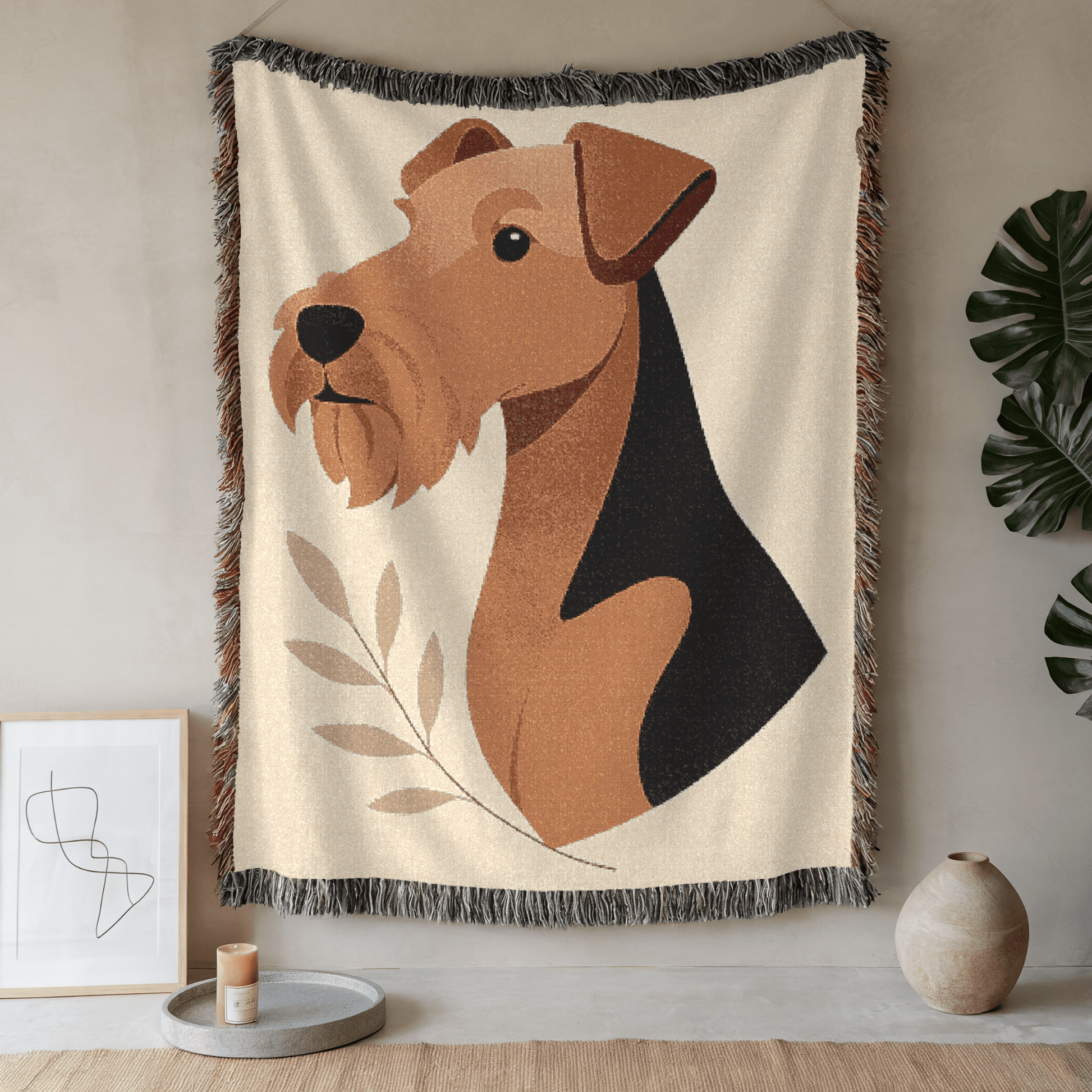 Printify Home Decor Modern Woven Blanket, Airedale Terrier Dog Boho Tapestry, Tan Decor