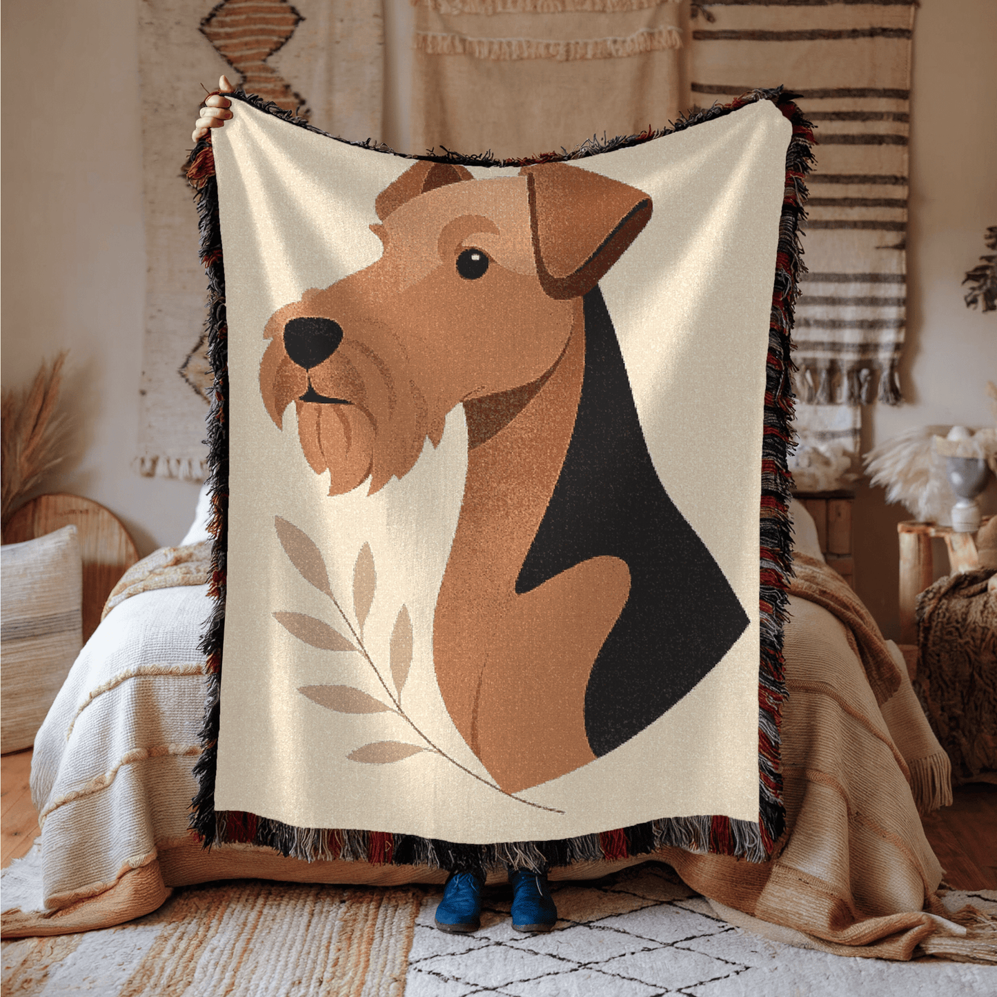 Printify Home Decor Modern Woven Blanket, Airedale Terrier Dog Boho Tapestry, Tan Decor