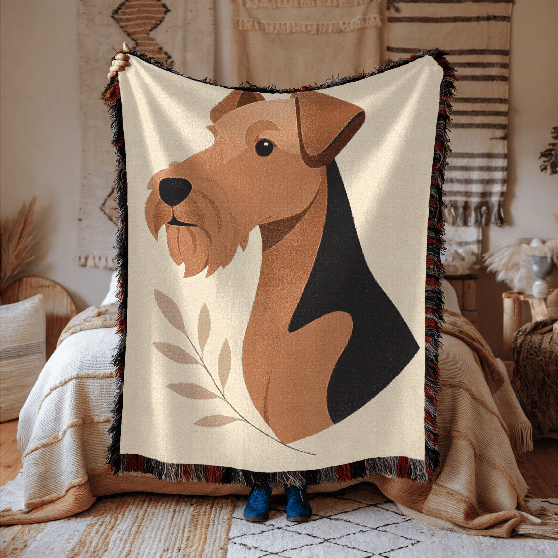 Printify Home Decor Modern Woven Blanket, Airedale Terrier Dog Boho Tapestry, Tan Decor