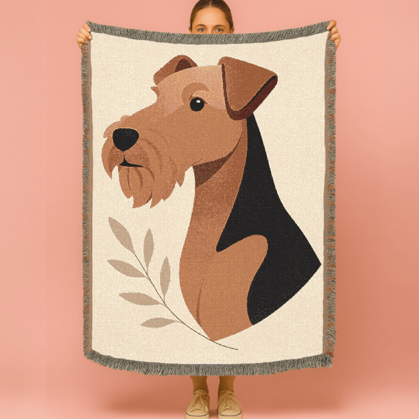 Printify Home Decor Modern Woven Blanket, Airedale Terrier Dog Boho Tapestry, Tan Decor