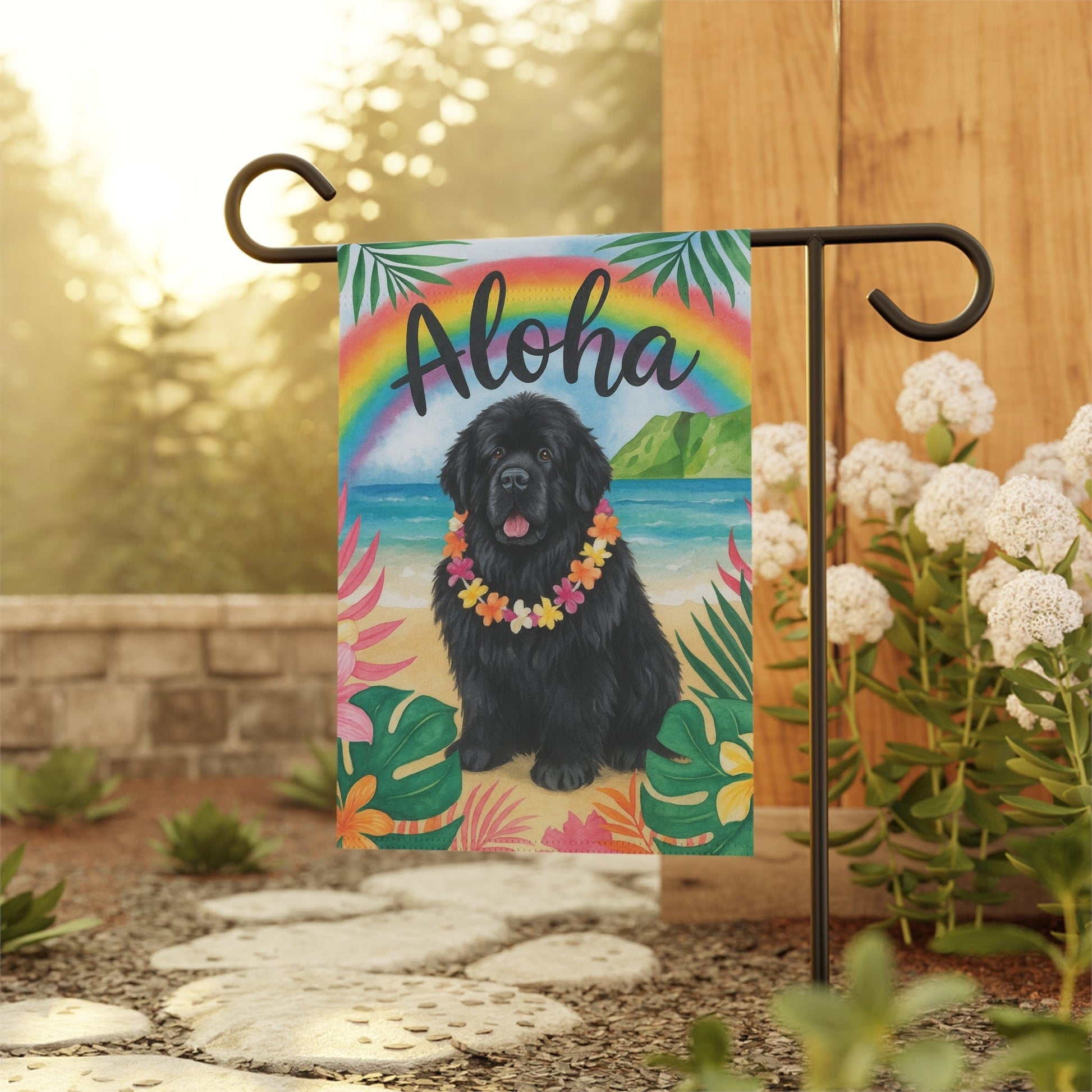 Printify Garden Flag Newfoundland Dog Aloha Luau Garden Flag