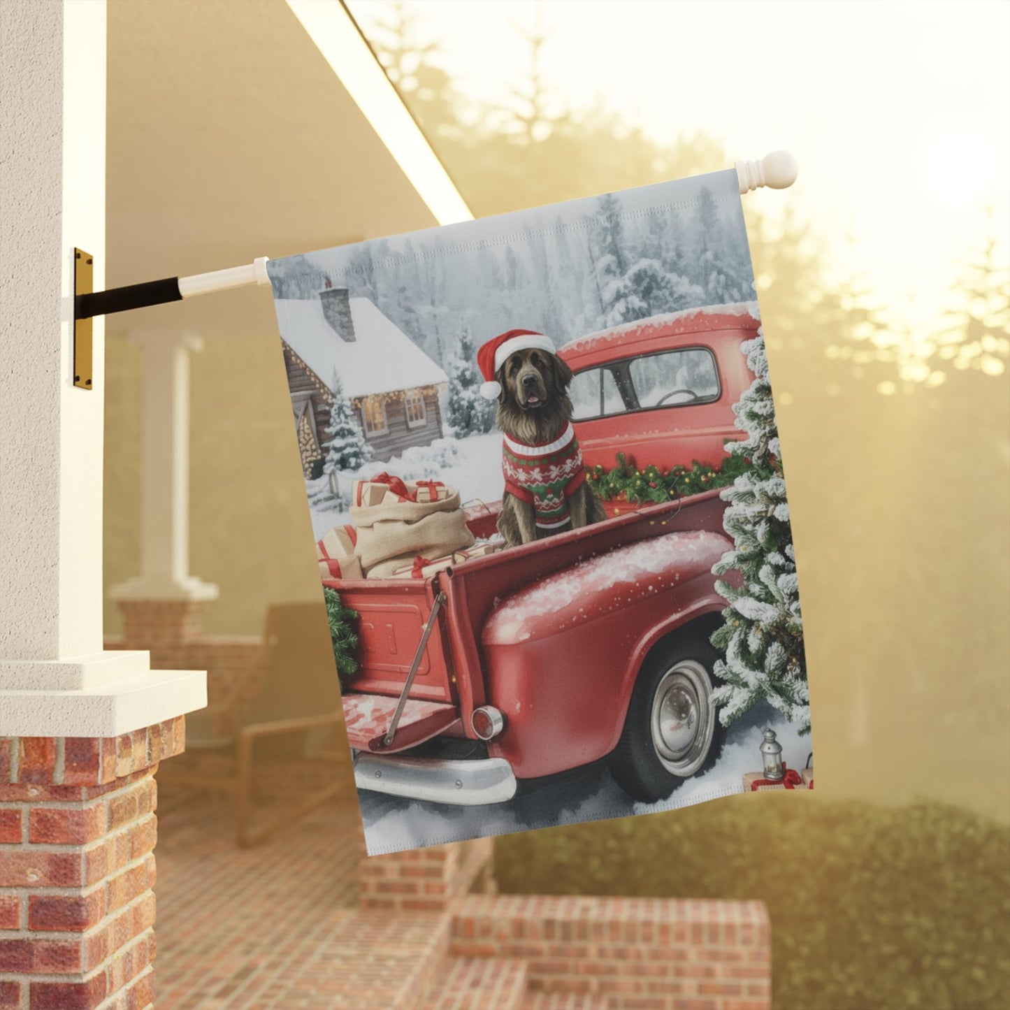 Newfoundland Dog Red Truck Christmas Garden Flag