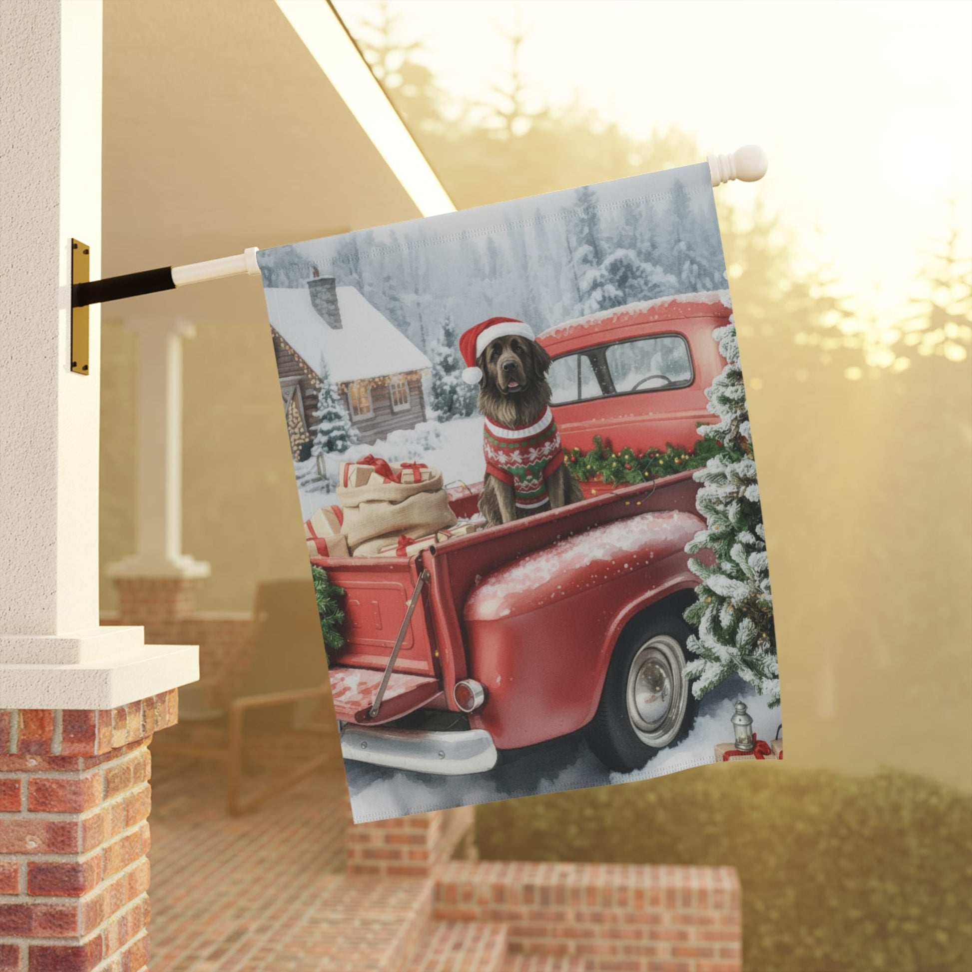 Newfoundland Dog Red Truck Christmas Garden Flag