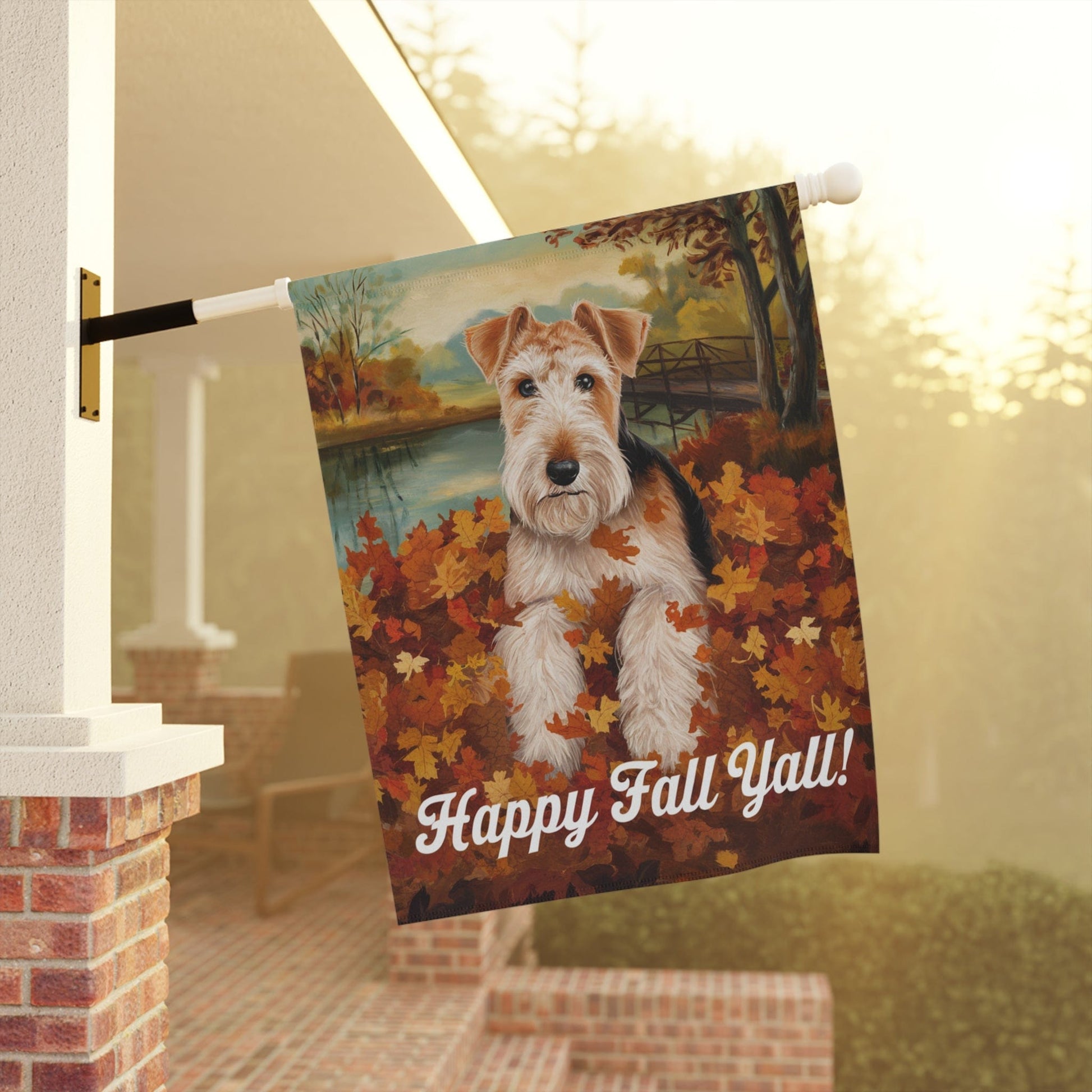 Printify Home Decor Outdoor Flag, Funny Airedale Terrier Yard Decor, Fall Leaf Dog Gift, Housewarming Banner, Dog Mom Dad, Pile of Leaves, Garden Decoration,